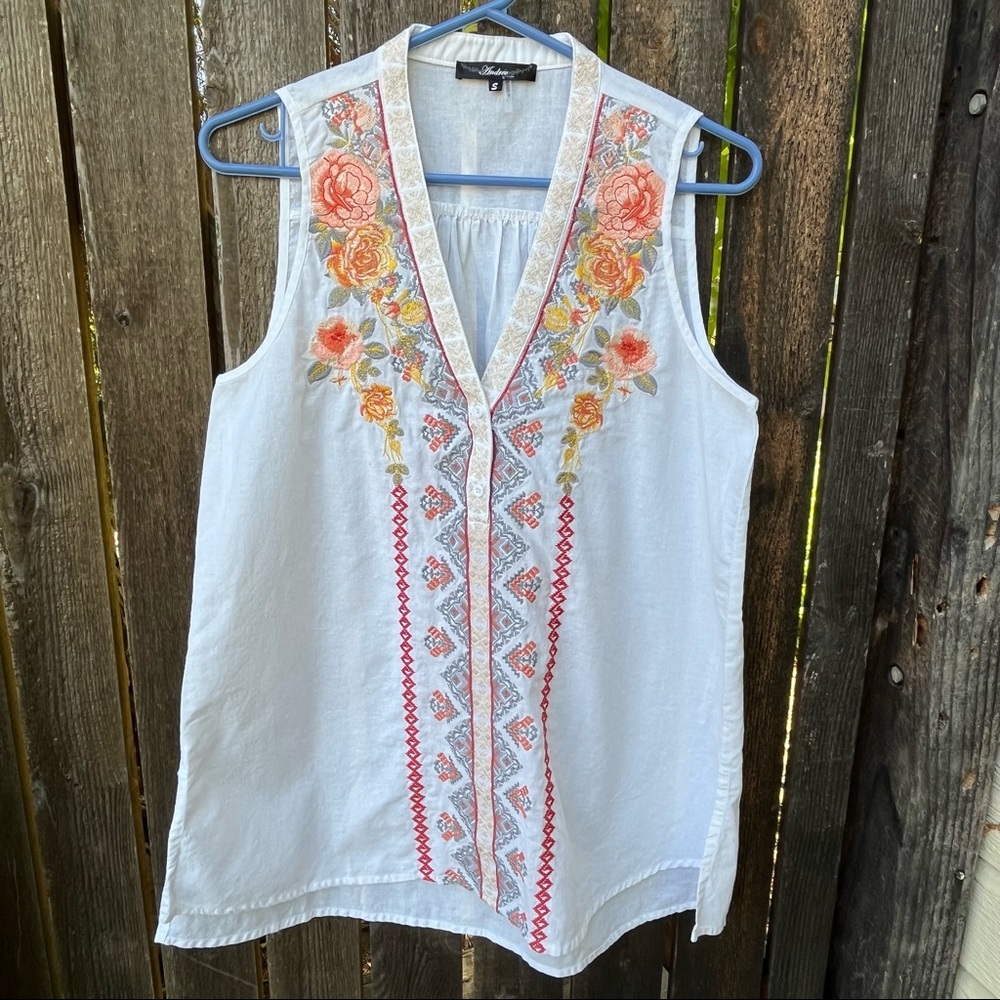 Andrée by Unit White Embroidered Sleeveless Linen Blend Top Sz S